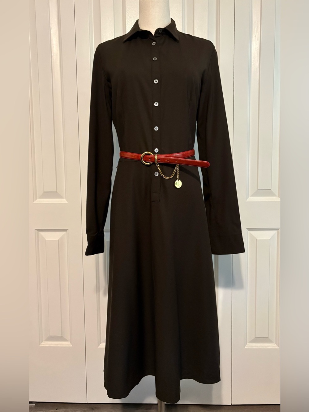 CALVIN KLEIN Chocolate Brown Long-Sleeve, Button-Front Shirtdress